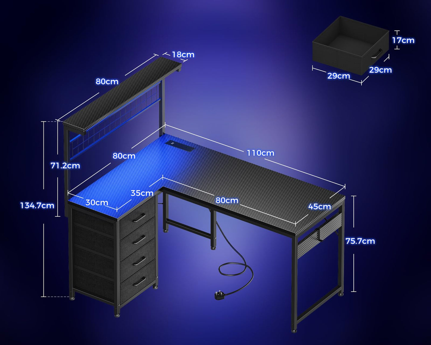 Coleshome L Shaped Gaming Desk with Drawers & Shelf, 110 × 80 cm