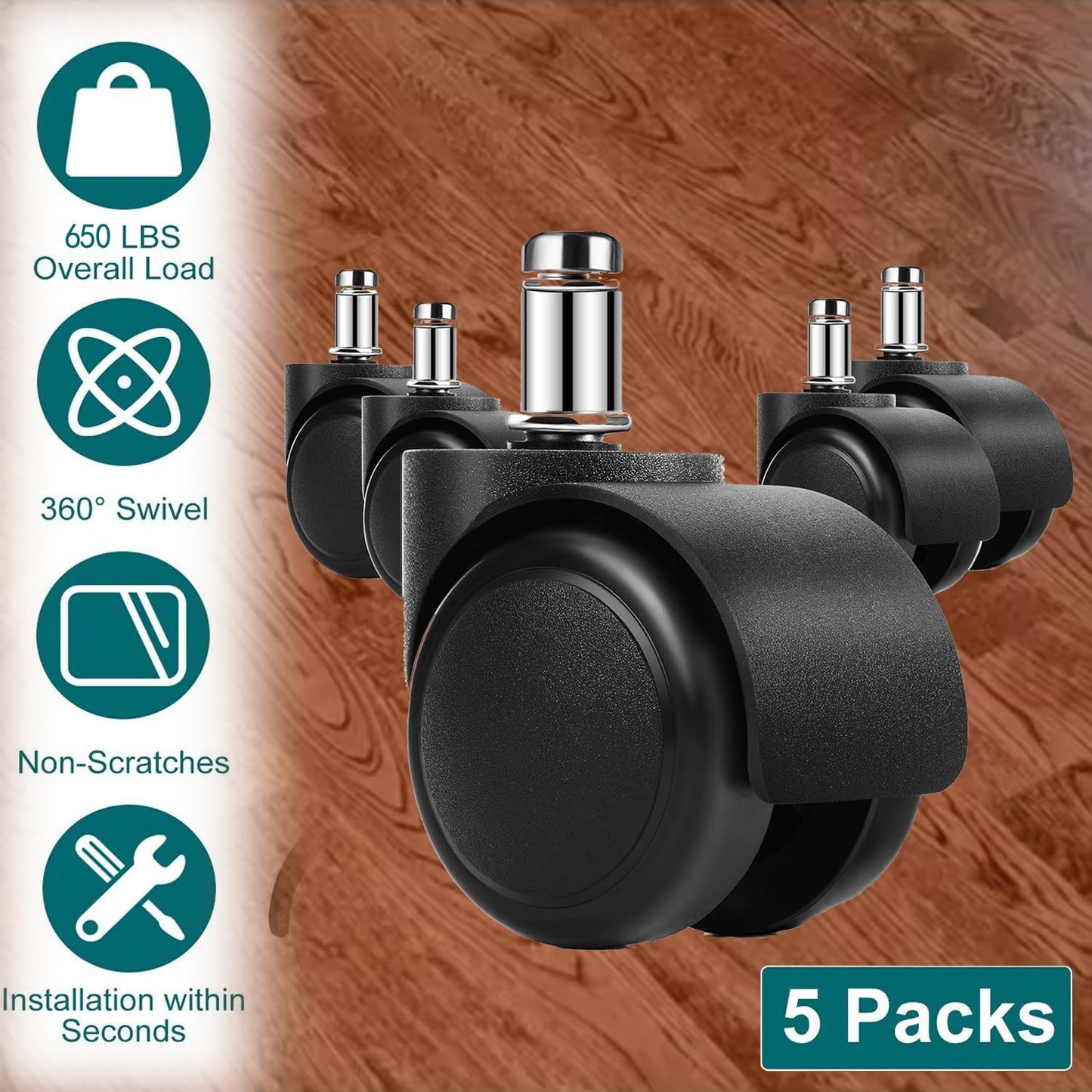 2" Office Chair Wheels Rotating Desk Chair Replacement Wheels Casters Universal Standard Sterm size Fits 5 Counts