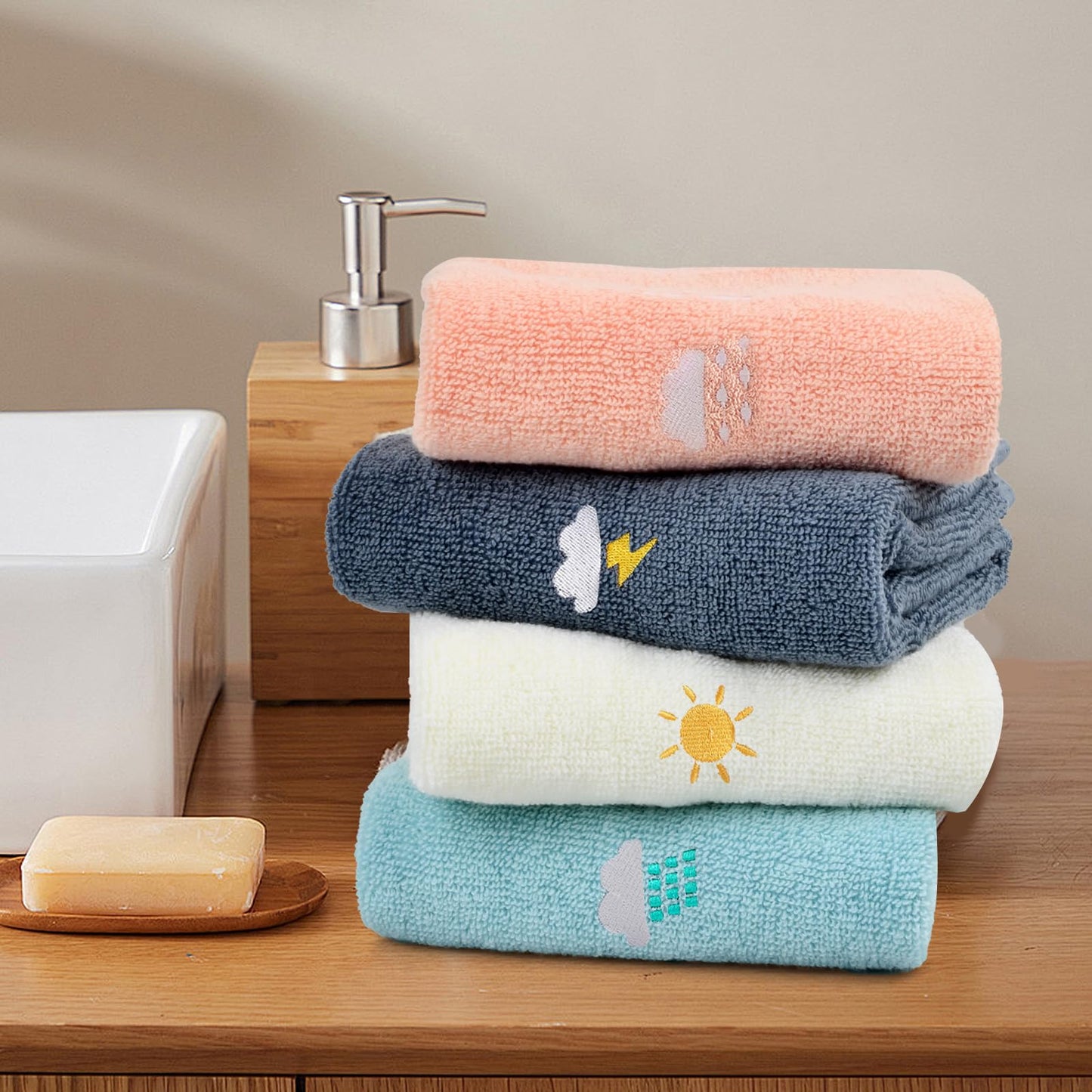 Dewocke 4PCS Children's Facial Towel, Kids Washcloth Towels, Cotton Kids Face Towels, Cute Hand Towel Set, Embroidered Children Towels