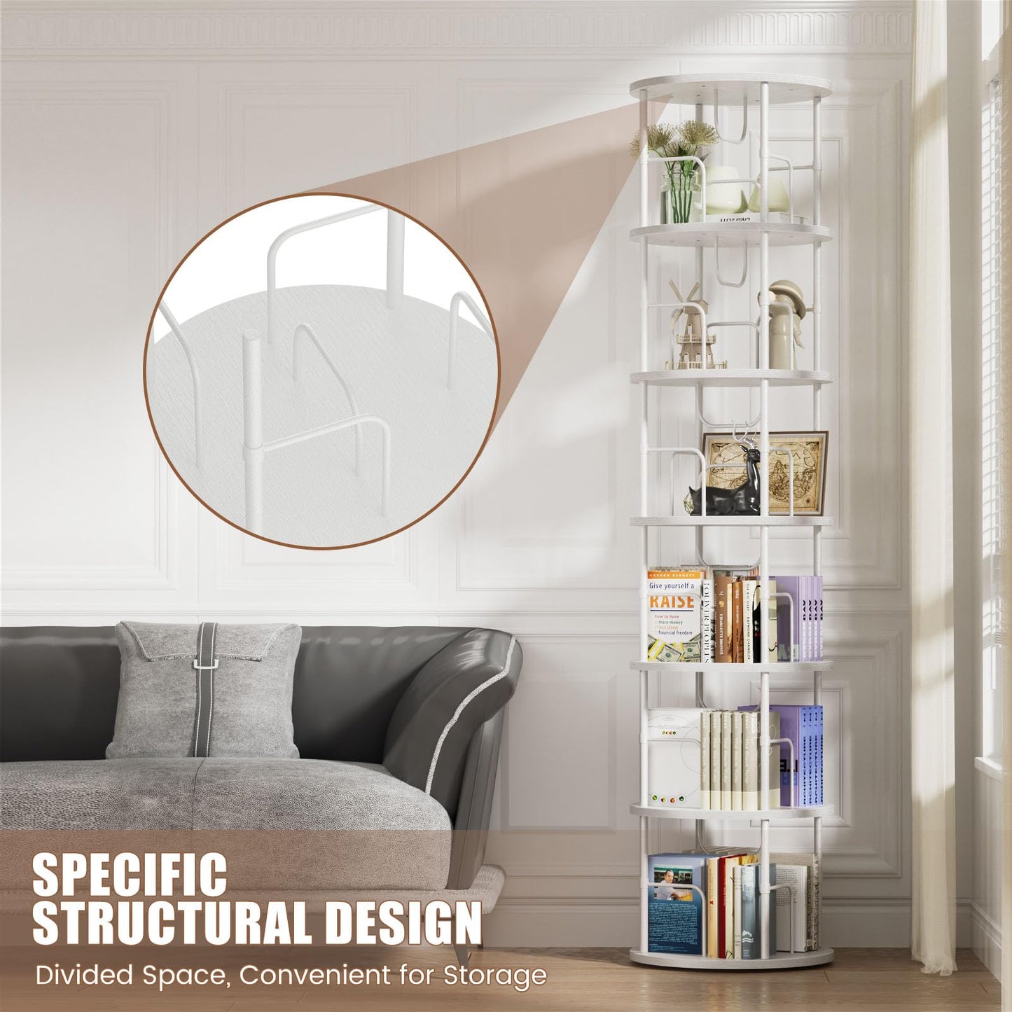 OCTORO 6 Tier Rotating Bookshelf, 360° Corner Bookshelf Tower, Round Revolving Bookcase with Adjustable Levels, Spinning Book Shelf for Home Office