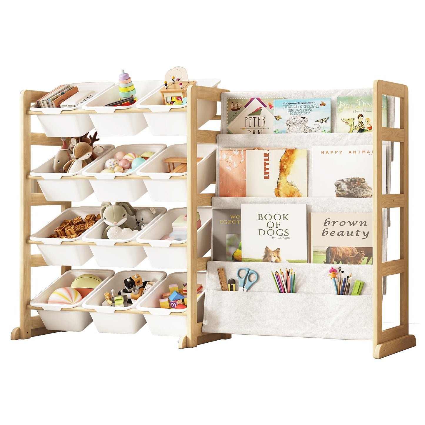 EXPERLAM Toy Storage Organizer with Bookshelf - 12 Storage Bins 4-Tier Multipurpose Shelf to Organize Toys and Books for Kids Room, Playroom
