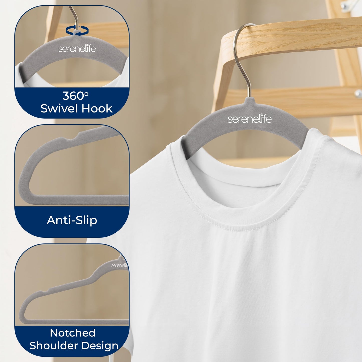 SereneLife Velvet Hangers, Gray, 150-Pack - Non-Slip Adult Coat Hangers
