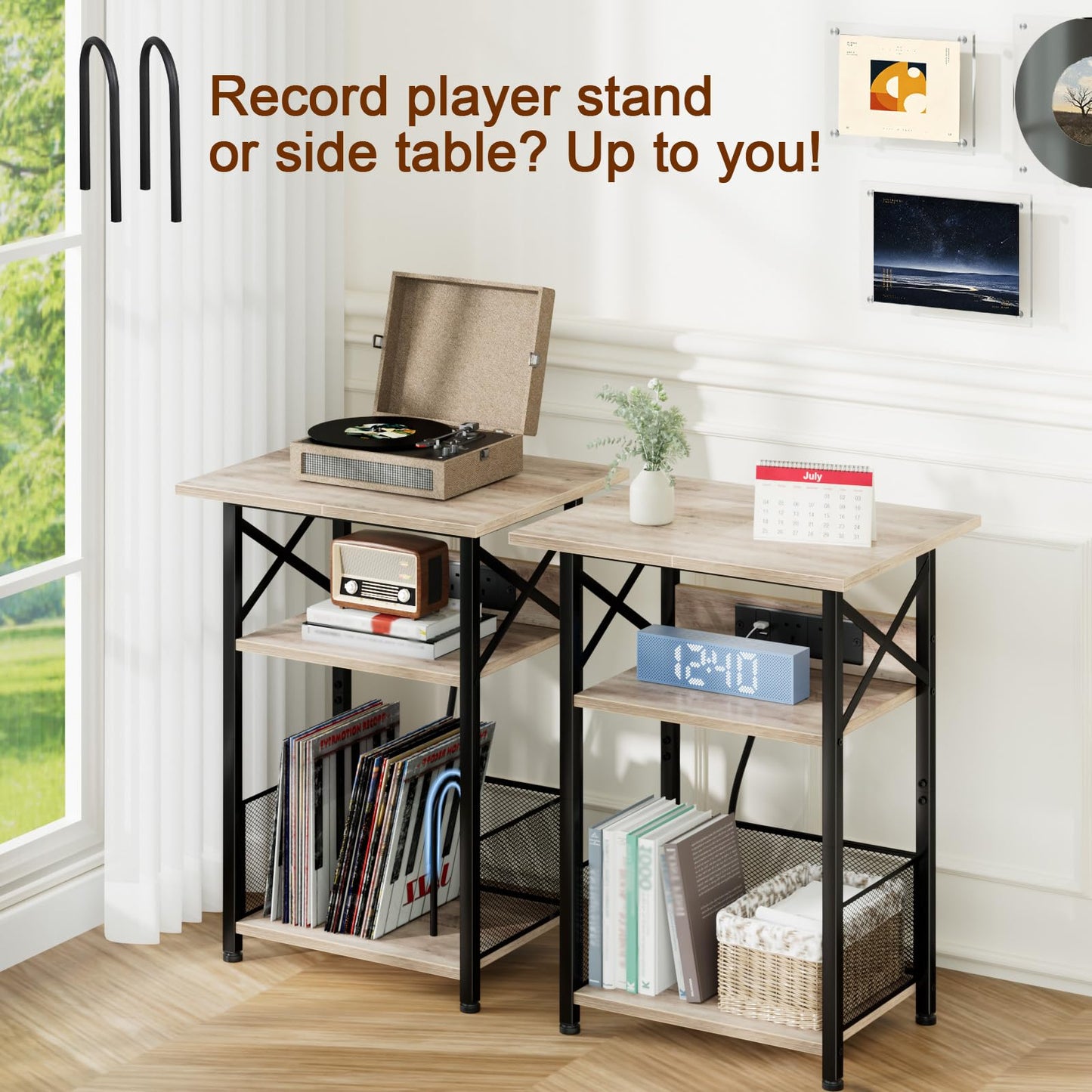 AMHANCIBLE Record Player Stand with Charging Station, Vinyl Record Storage