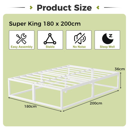 EMODA Super King Bed Frame 36cm High with Steel Slats Support, White