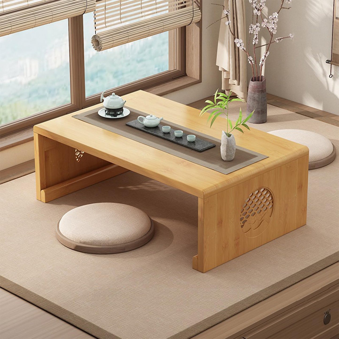 JIANCNGU Bamboo Chinese Tea Floor Table Japanese Foldable Coffee Table Altar Table For Meditation Low Portable Collapsable Tatami Table for Living