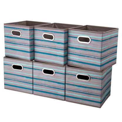 HSDT 6 Cube Storage Bins Teal Stripes Gradient Lines 10.5x10.5x11 Inch Foldable Whale Coastal Print Fabric Half Storage Basketes for Home Organizers