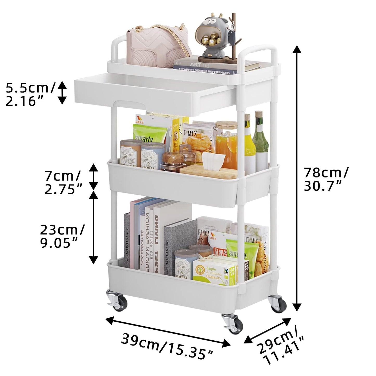 Wuciray Beauty Trolley on Wheels 3 Tier Storage Trolley with Drawer Plastic Beauty Trolleys Rolling Utility Cart Craft Trolleys on Wheels for Home