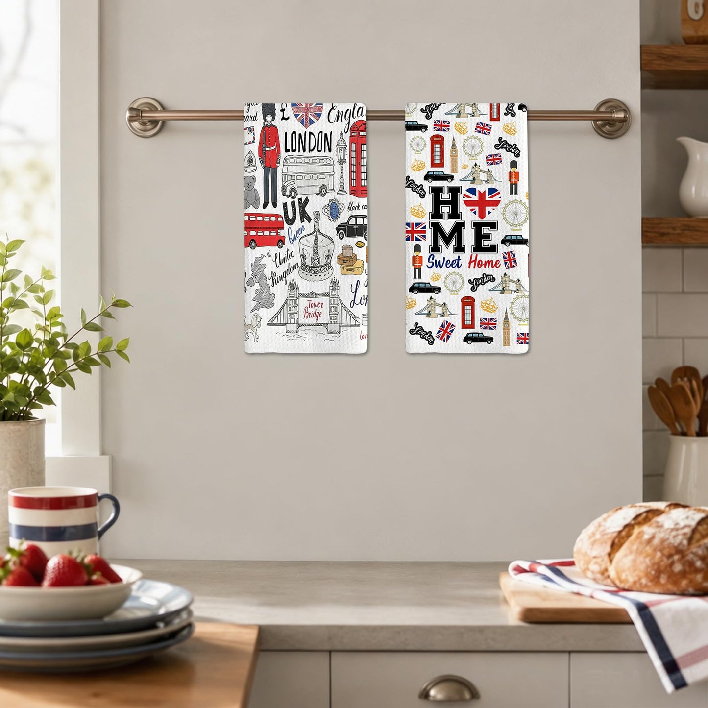 Nevicor 2 Pcs London Tea Towels, Travel London Souvenirs Gifts Kitchen Towels, Absorbent Microfiber Kitchen Hand Towels with Iconic Landmark Design