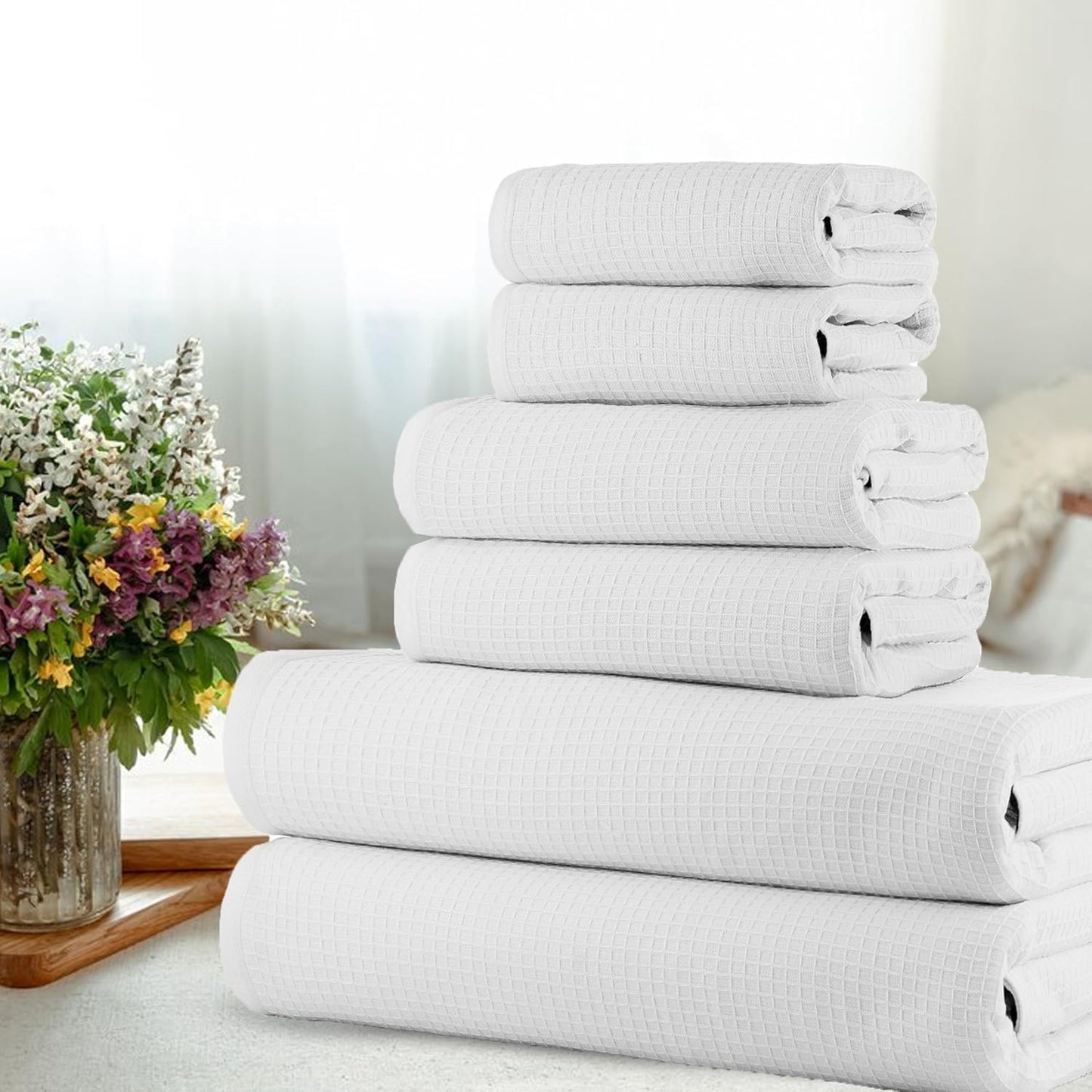 CASA COPENHAGEN Waffle Terry 6-piece set, cotton, extra large, luxurious, white, 2 bath towels XL, 70 x 140 cm, 2 large hand towels, 50 x 80 cm