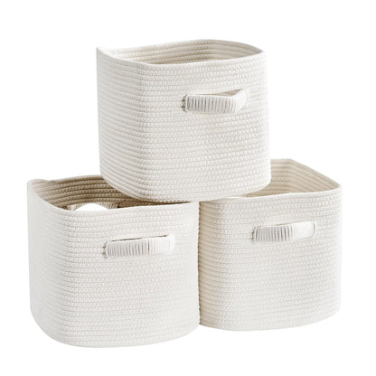 Mangata Set of 3 White Cotton Rope Cube Storage Baskets with Handles, 33x33x30cm, Woven Organisers for Shelves, Bathroom, Bedroom