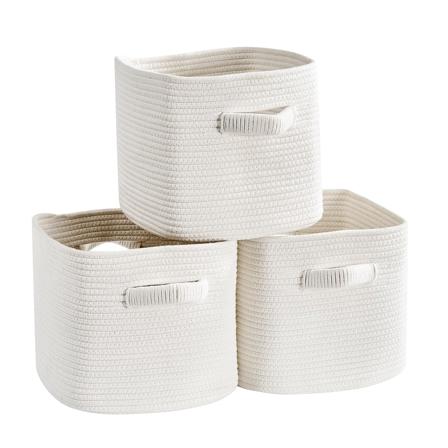Mangata Set of 3 White Cotton Rope Cube Storage Baskets with Handles, 25x25x22cm, Woven Organisers for Shelves, Bathroom, Bedroom