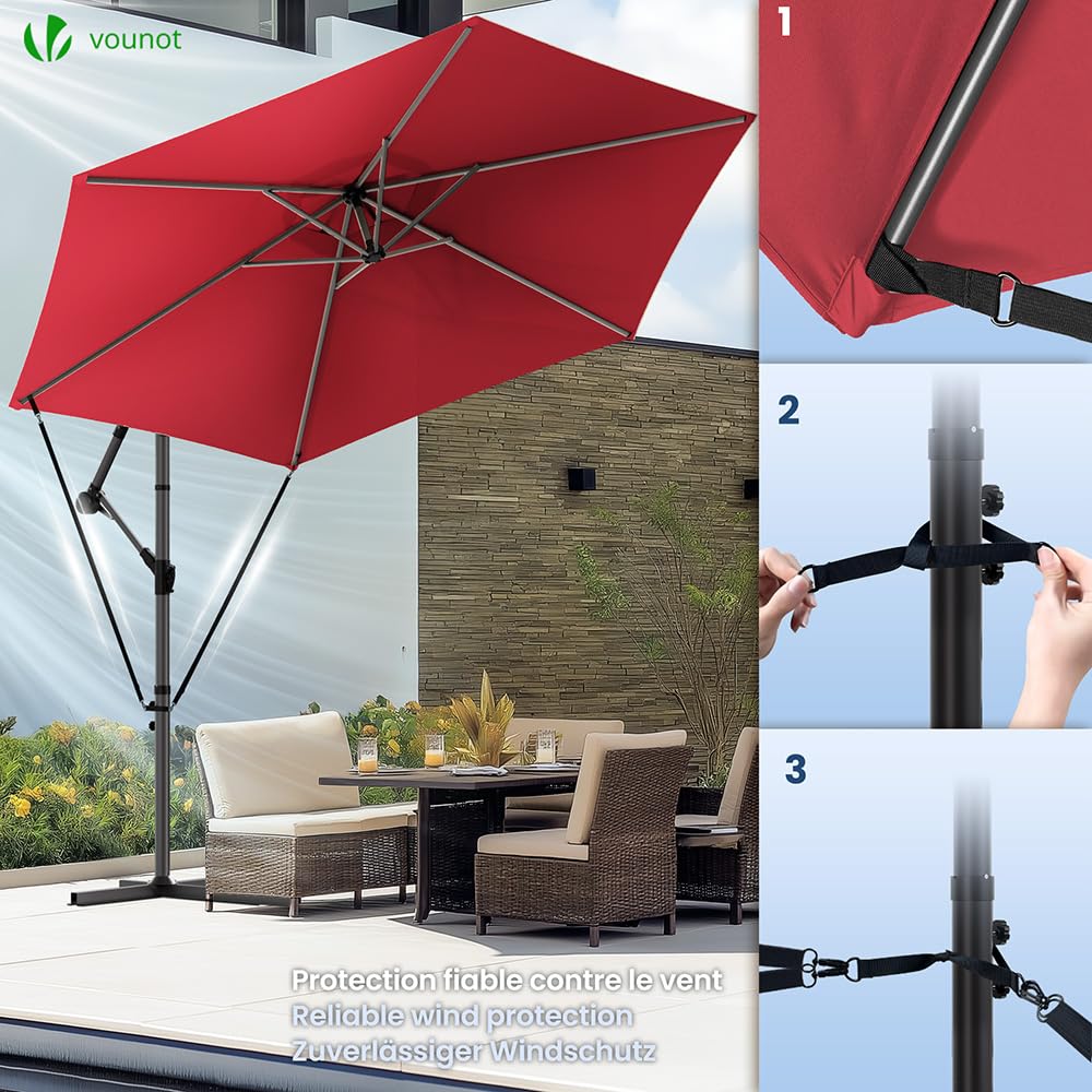 VOUNOT? 3m Cantilever Garden Parasol, Banana Patio Umbrella with Crank Handle, Wind Protection Strap and Tilt for Outdoor Sun Shade, Red