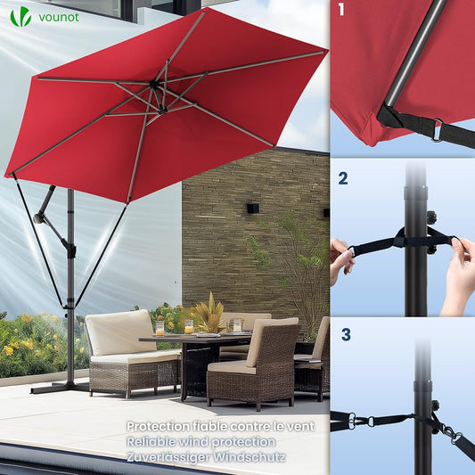 VOUNOT? 3m Cantilever Garden Parasol, Banana Patio Umbrella with Crank Handle, Wind Protection Strap and Tilt for Outdoor Sun Shade, Red