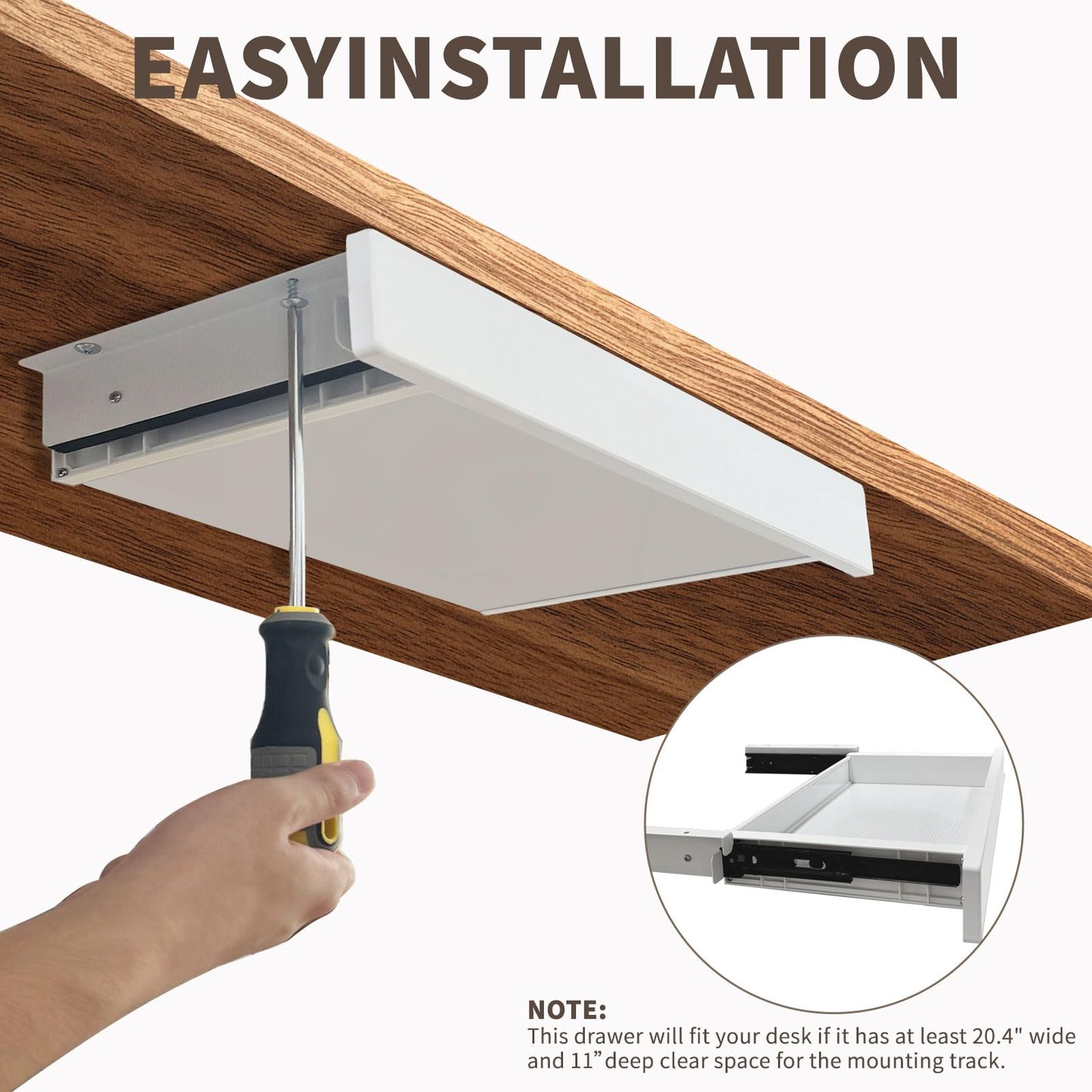 ZEEFAN Under Desk Mounted Sliding Drawer to pull out, Attachable Desk Pencil Drawer Ball-Bearing Slides (White)