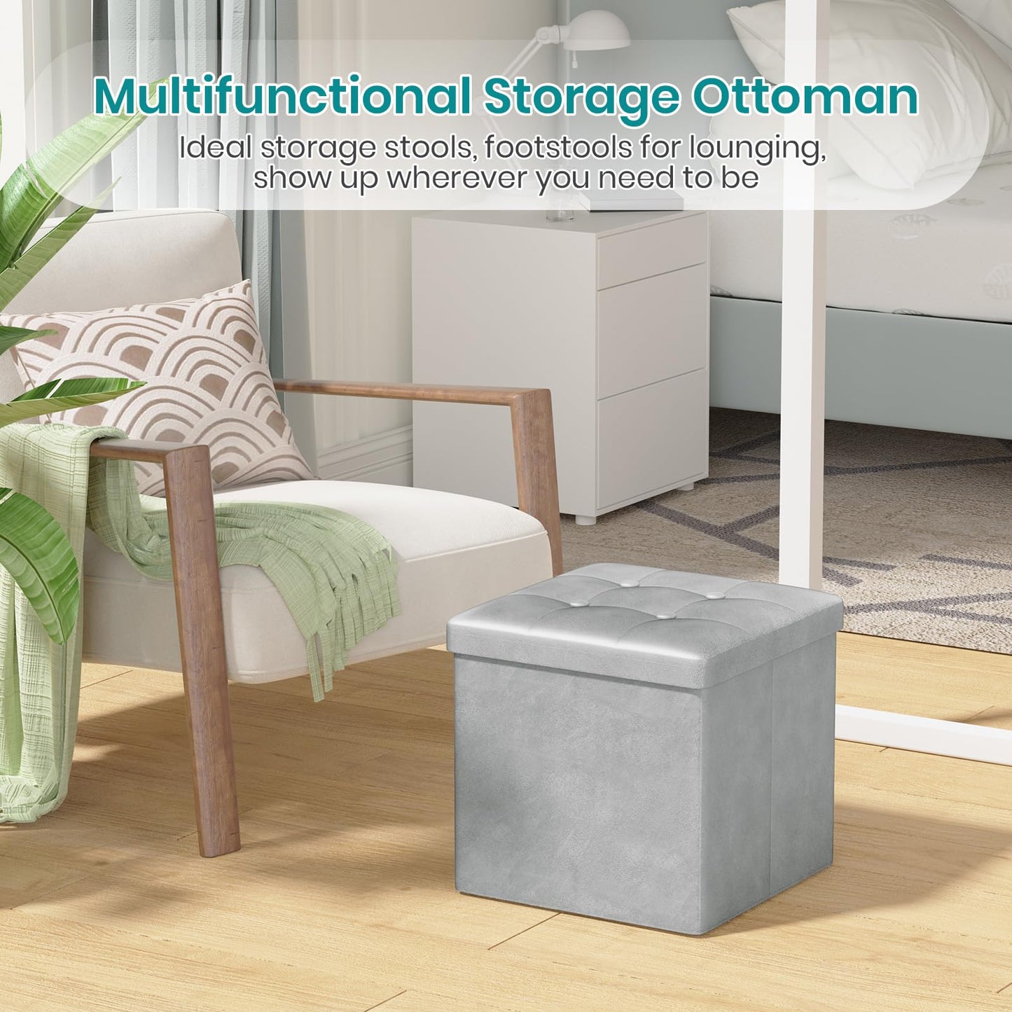 Oak & Tea Storage Ottoman Cube, Foldable Velvet Footstool, Light Grey