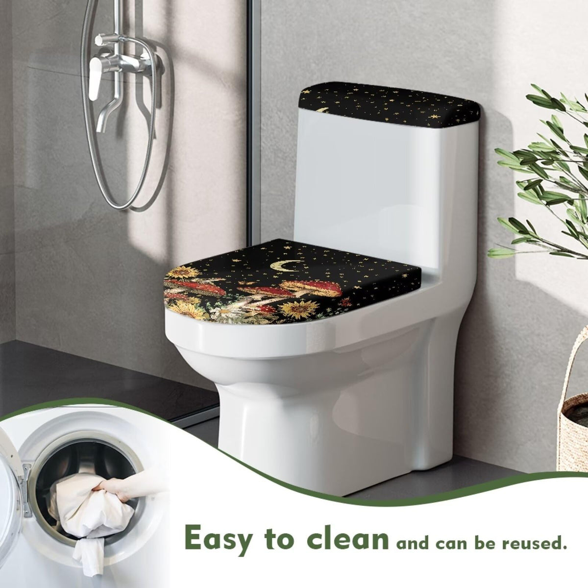 Biyejit Mushroom Star Toilet Lid Cover and Toilet Tank Cover Set Washable Toilet Tank Protector with Elastic Edge Bathroom Toilet Cushion Universal