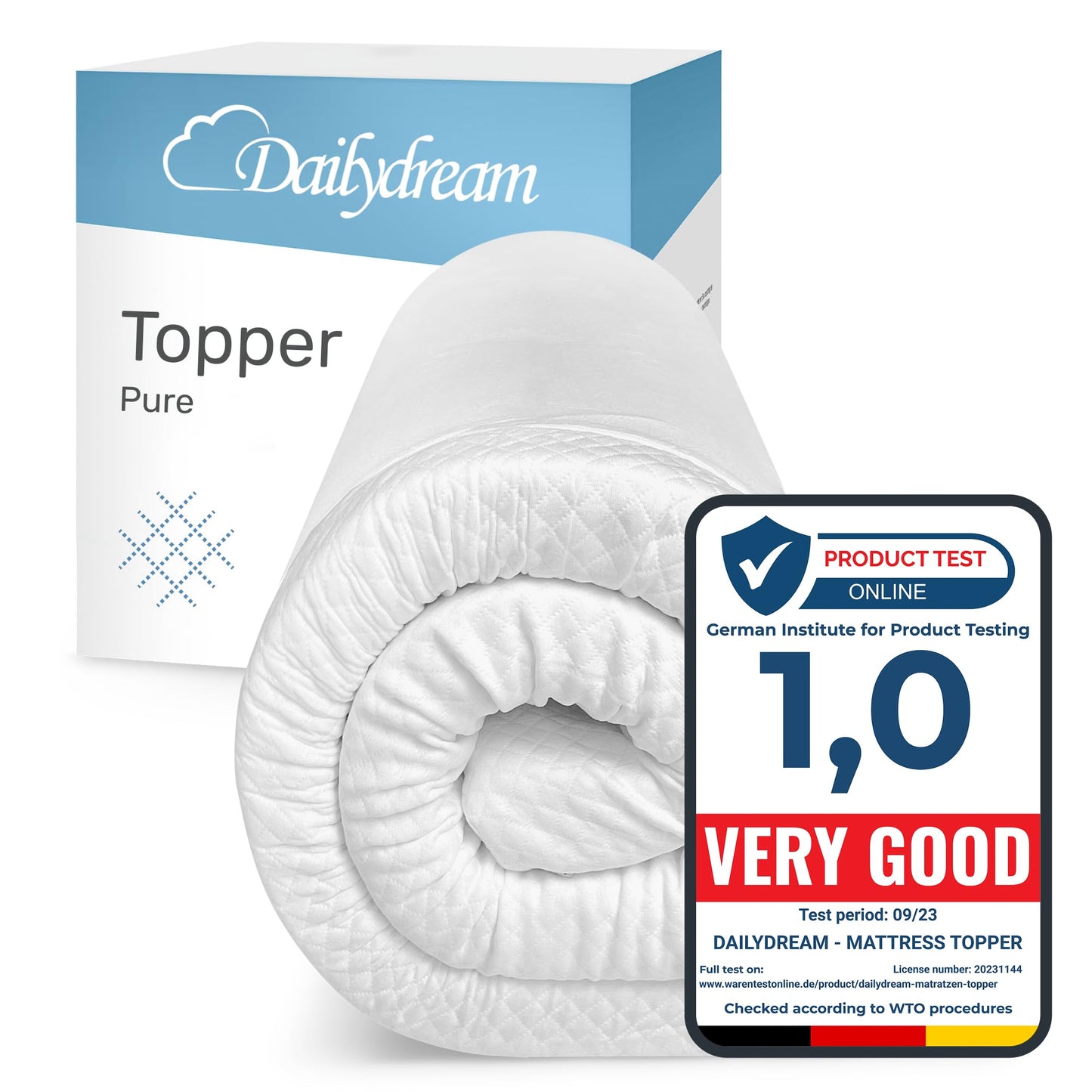 Dailydream Model M Viscoelastic Mattress Topper with Memory Foam Effect, 150 x 190 x 5 cm, Edition Standard, White