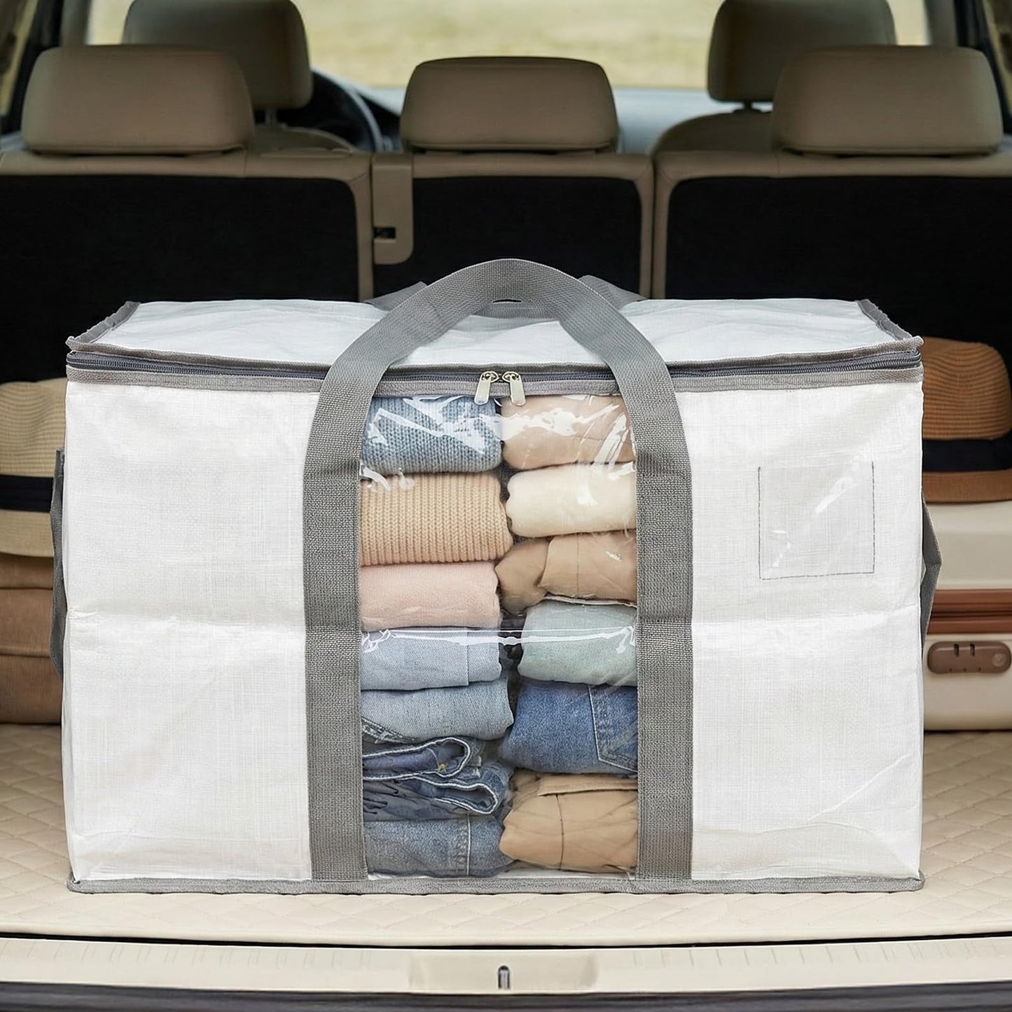 RLAVBL 90L Storage Bags with Zips 4 Pack, Heavy Duty Large Moving Bags with Handles and Label Pocket, Clear Window Packing Laundry Bags for Clothes