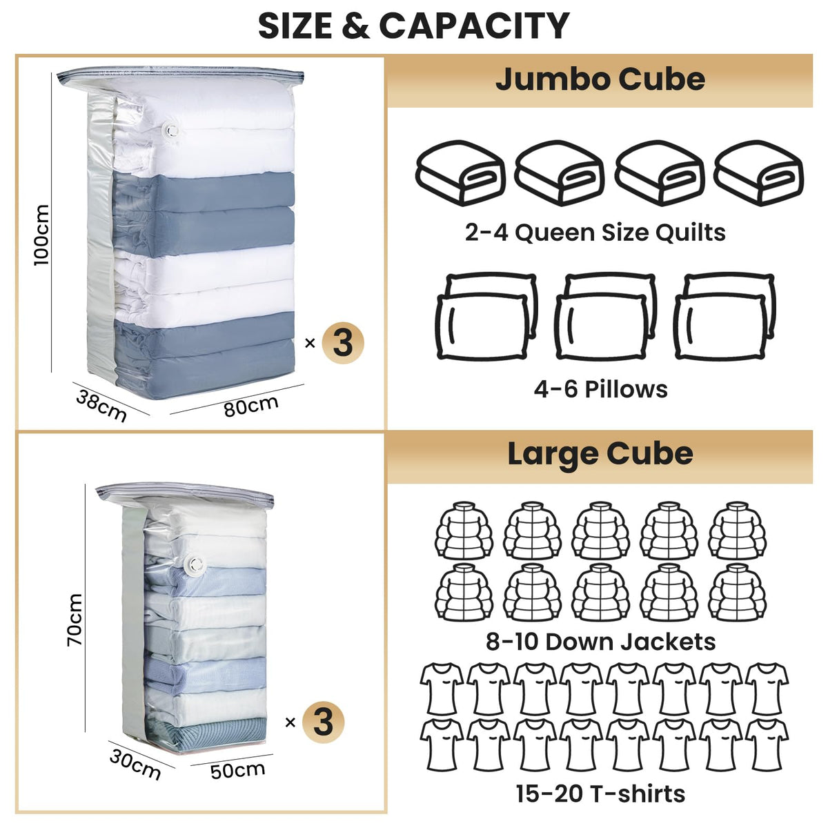 TAILI Extra Large Vacuum Storage Bags Cube 6 Jumbo3 Jumbo+3 Medium, Cream