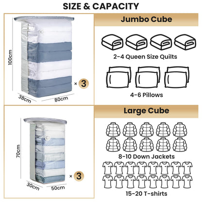 TAILI Extra Large Vacuum Storage Bags Cube 6 Jumbo3 Jumbo+3 Medium, Cream