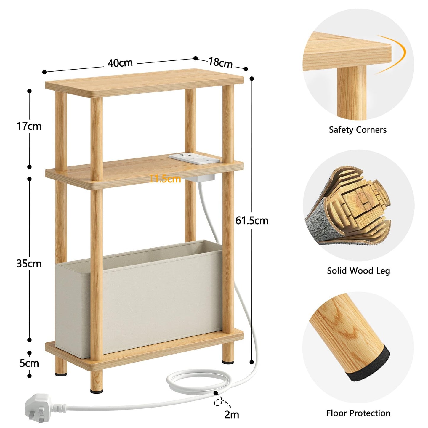 APICIZON Narrow Side Table, 3 Tier Bed Side Table, Slim End Table with Charging Station, for Living Room, Bedroom