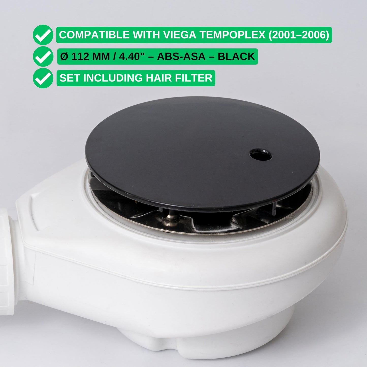 Cover Set with Hair Strainer for Shower Drain, Ø 112 mm, Compatible with Viega Tempoplex Drain Year 2001-2006, Black ABS ASA Cover, Hair Filter