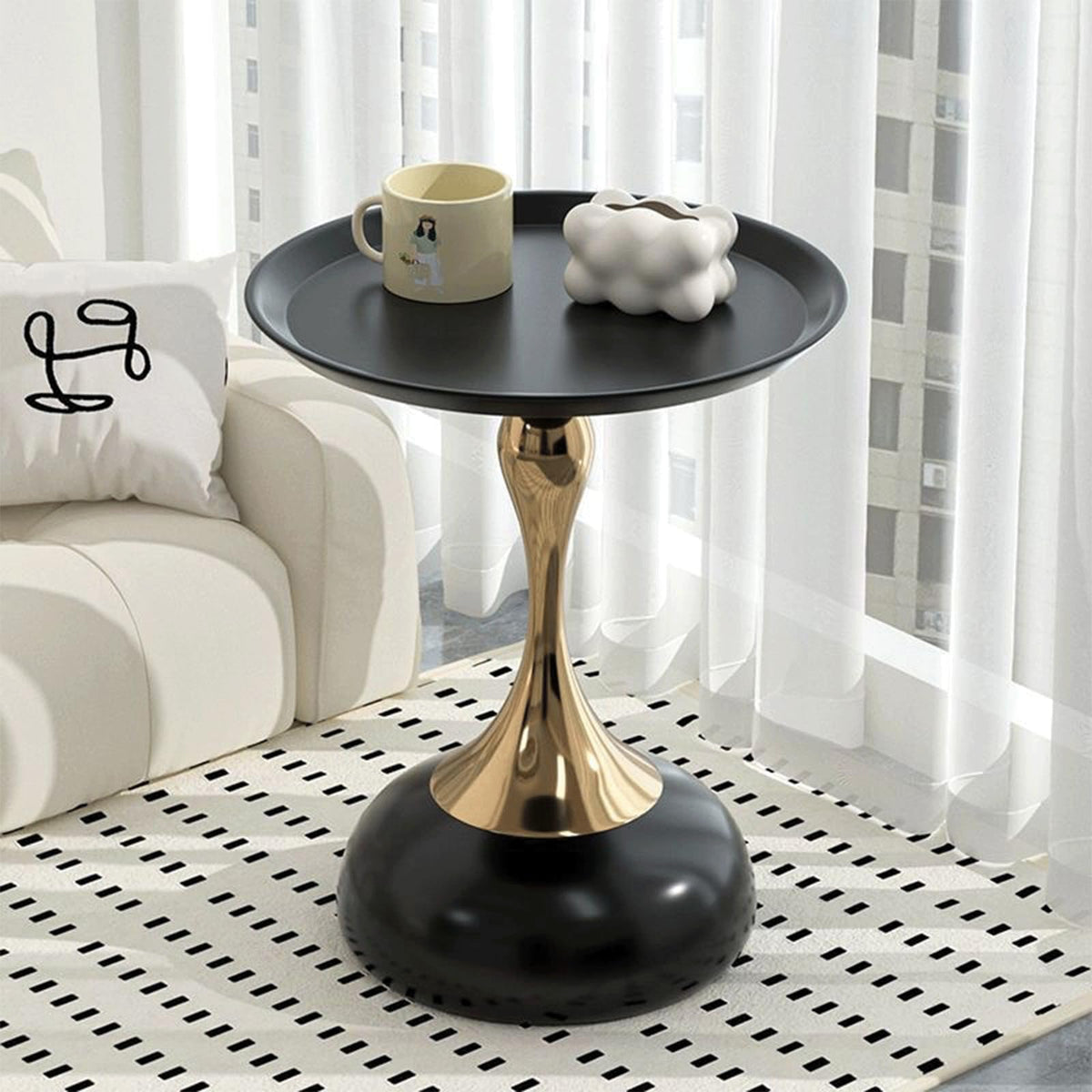 Modern Round Side Table with Gold Pedestal Base, Black Metal Top, Accent End Table for Living Room 黑色