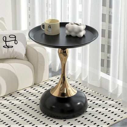 Modern Round Side Table with Gold Pedestal Base, Black Metal Top, Accent End Table for Living Room 黑色