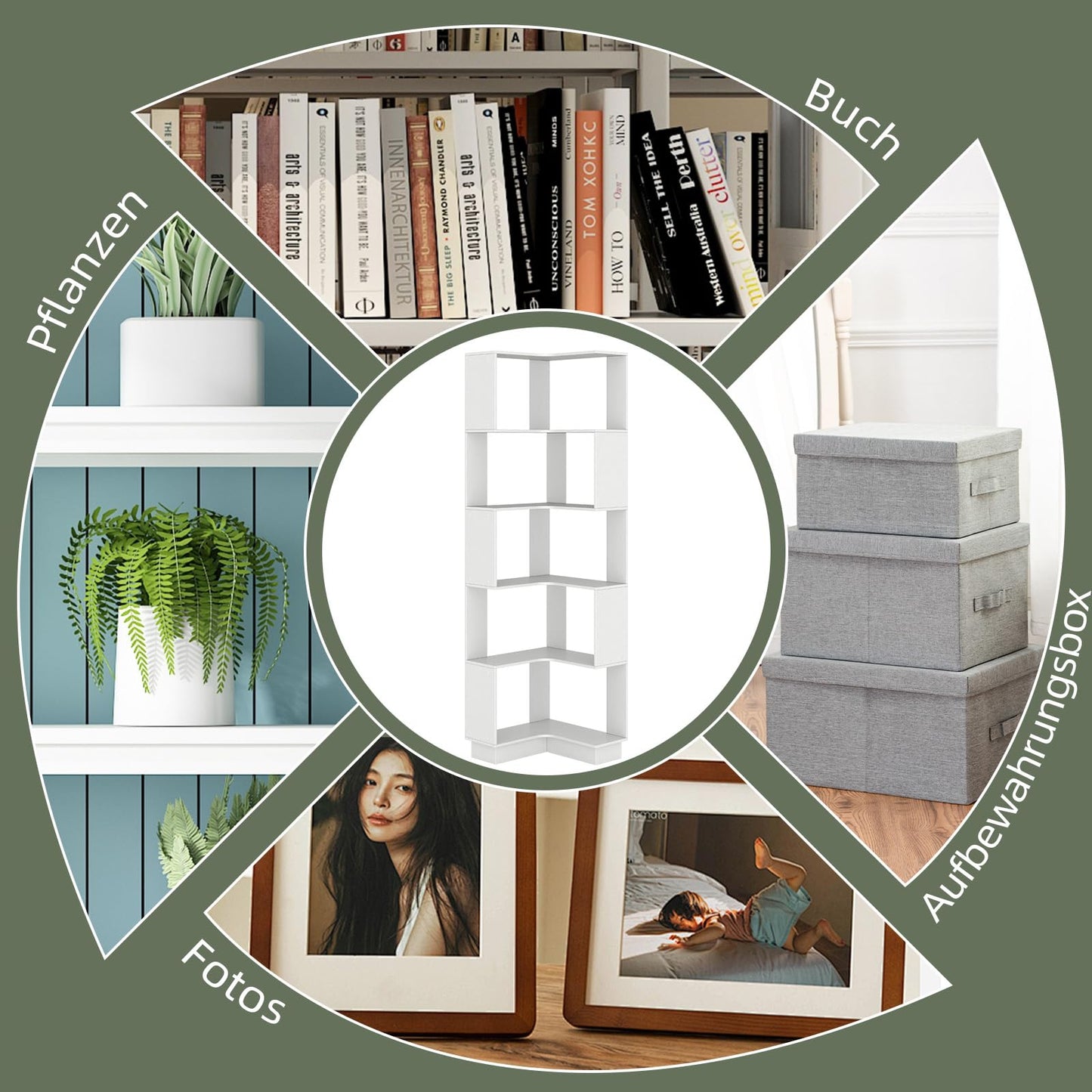 uyoyous Bookcase White, Corner Bookcase with 6 Levels, 175 cm Corner Shelf, Standing, 90° L-shaped Bookcase for Study, Bedroom, Office