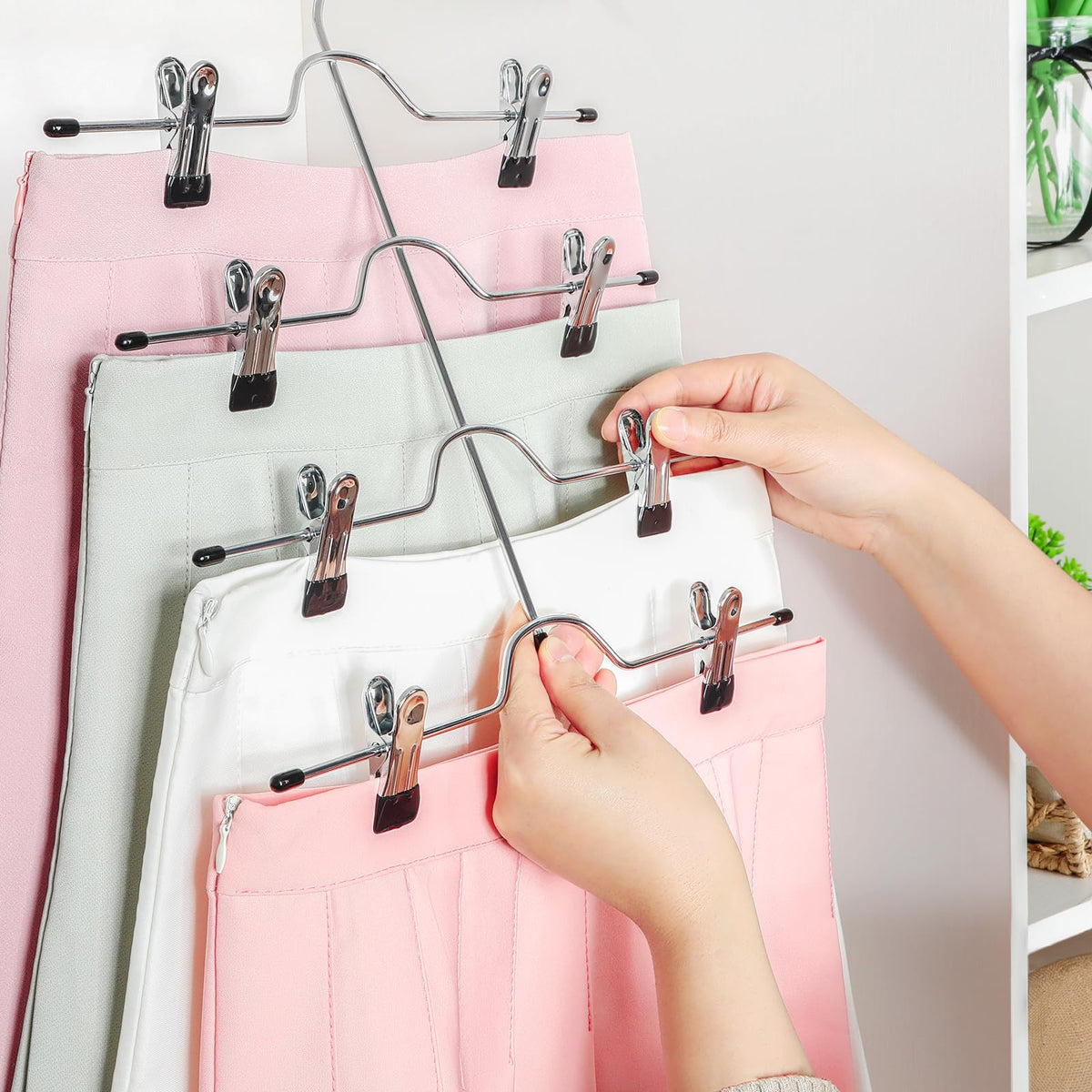 TOPIA HANGER 4 Tier Metal Skirt Hangers for Women, Pants Hanger Space Saving with Adjustable Clips, Gain 70% More Space, Non Slip Grip for Slacks