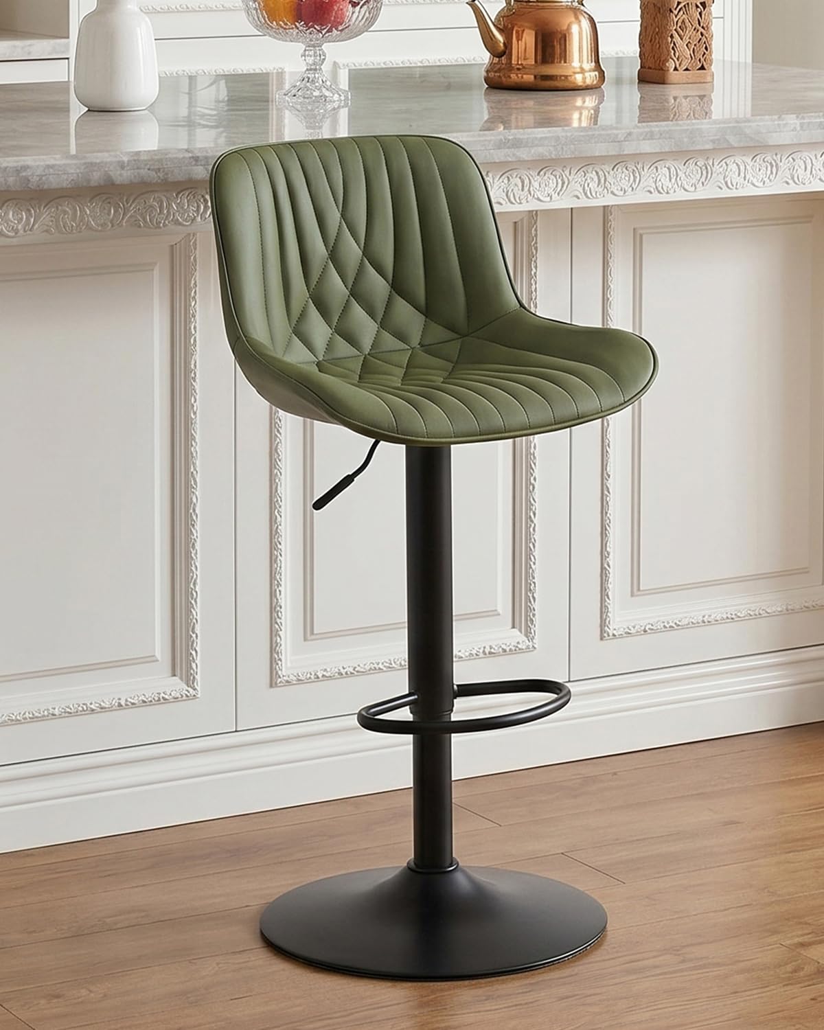 YOUTASTE Bar Stools, Breakfast Bar Chairs with Back, PU Leather Kitchen stools, Swivel Height Adjustable Barstools, Modern (Olive Green, One Stool)