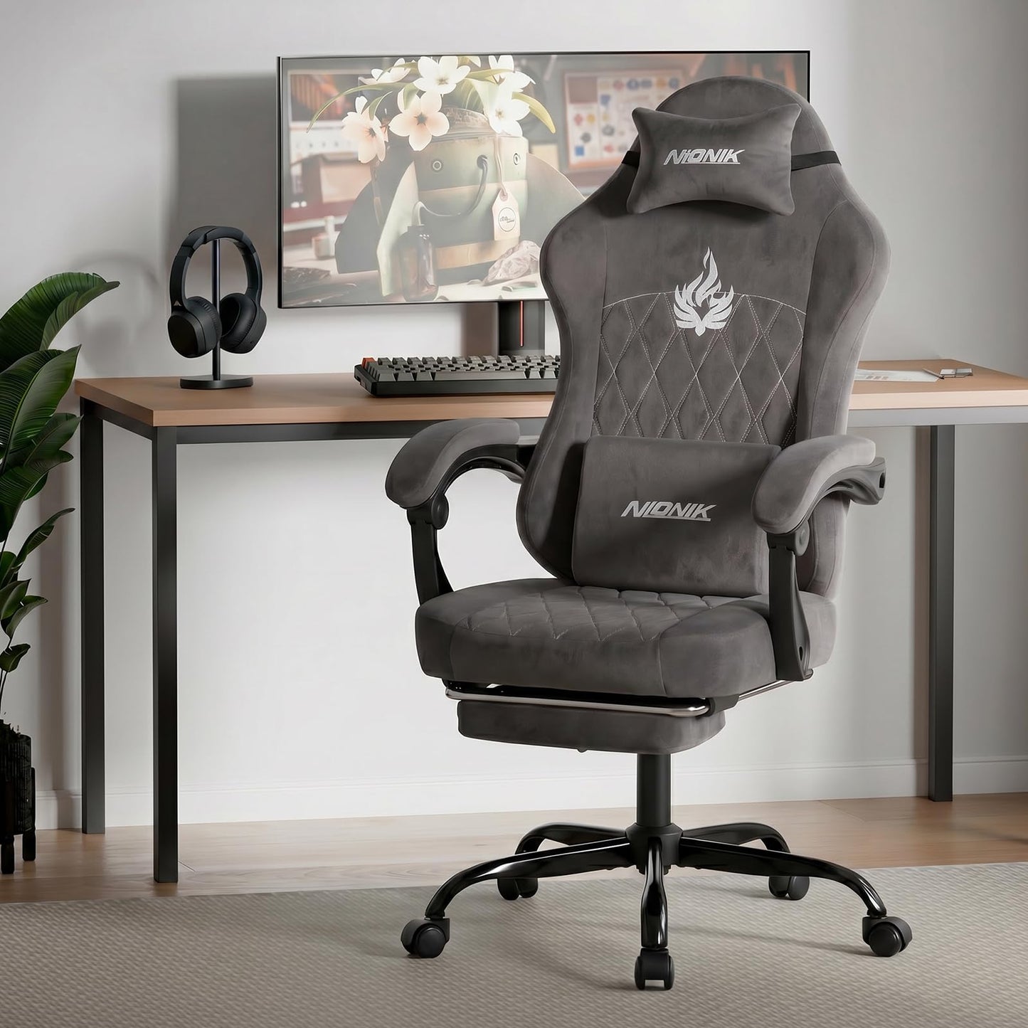 NIONIK Massage Gaming Chair with Footrest, Ergonomic Office Chair with Lumbar Support and Headrest