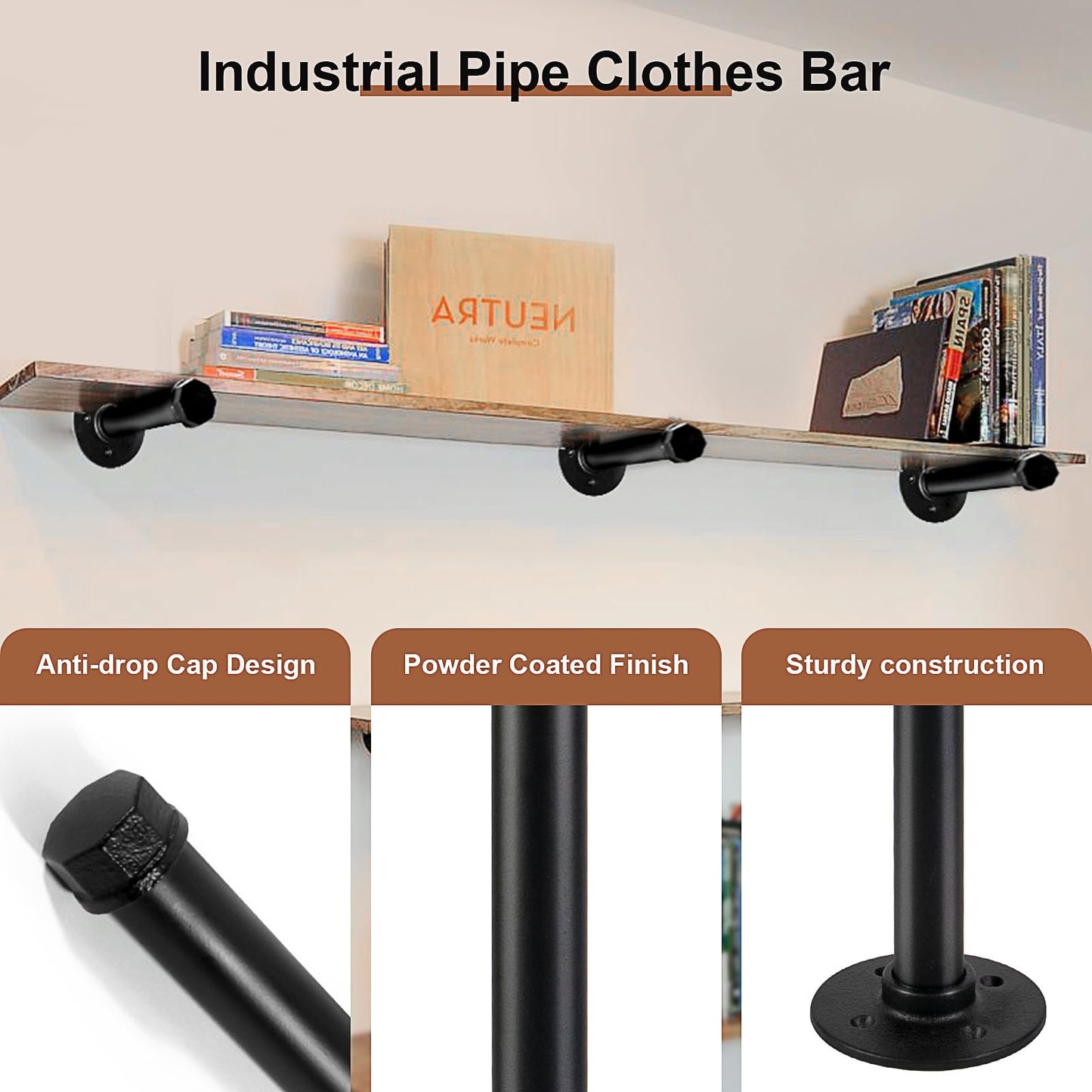 Pintuson 6 Pcs Industrial Pipe Clothes Bar 12 Inch - Wall Mount Clothing Rack - Face Out Wall Clothing Rods for Commercial Retail Boutique Shirt