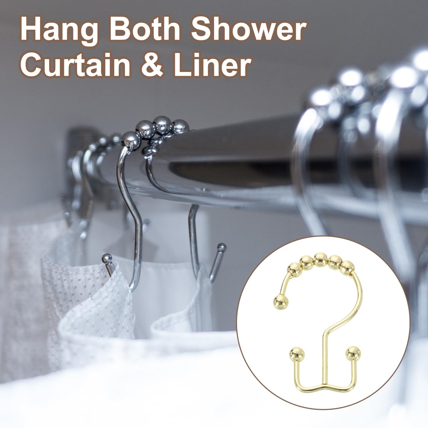 sourcing map 12Pcs Shower Curtain Hooks, Metal Double Glide Shower Rings, Curtain Rolling Shower Hooks for Rust-Resistant Sliding Smoothly, Gold