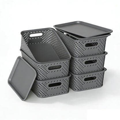 HapiLeap Plastic Storage Baskets With Lid Set of 6 Pack, Storage Boxes for Organizing