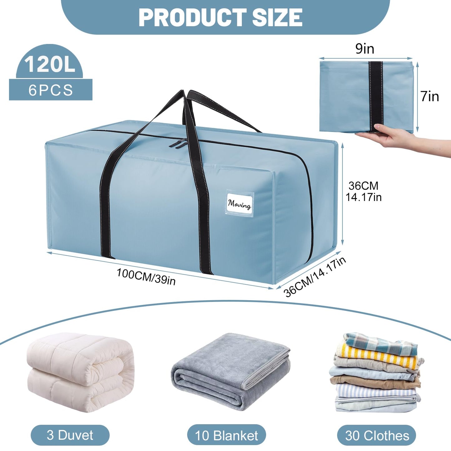 Dntorx 6 Pack 120L Moving Bags and Storage Bag Dorm Moving Essential, Blue