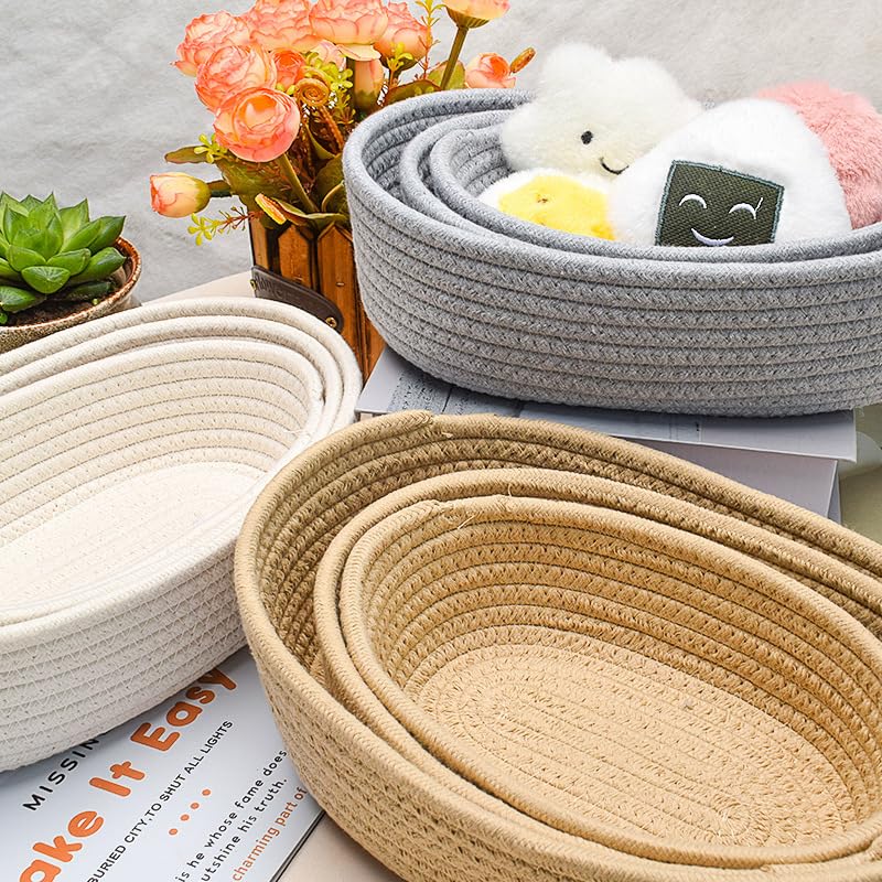 Cotton Rope Storage Baskets Set of 3 - Woven Storage Baskets for Organization, Available in White Grey Beige Gray