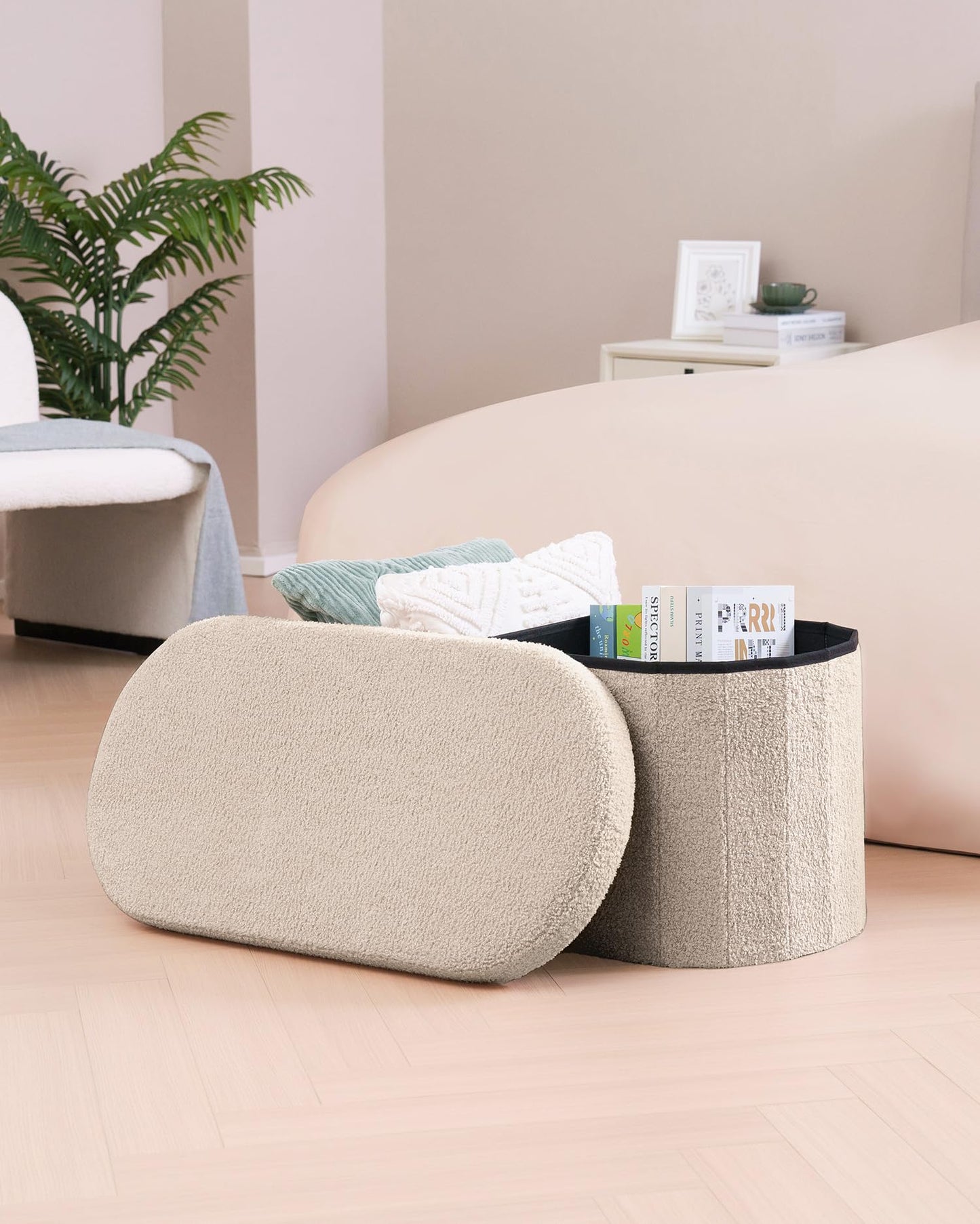 Bonlife Folding Ottoman Storage Bench, Boucle Footstool Oval, End of Bed Stool, 90L Storage Space, Ideal for Living Room, Bedroom, 76x38x38cm, Beige