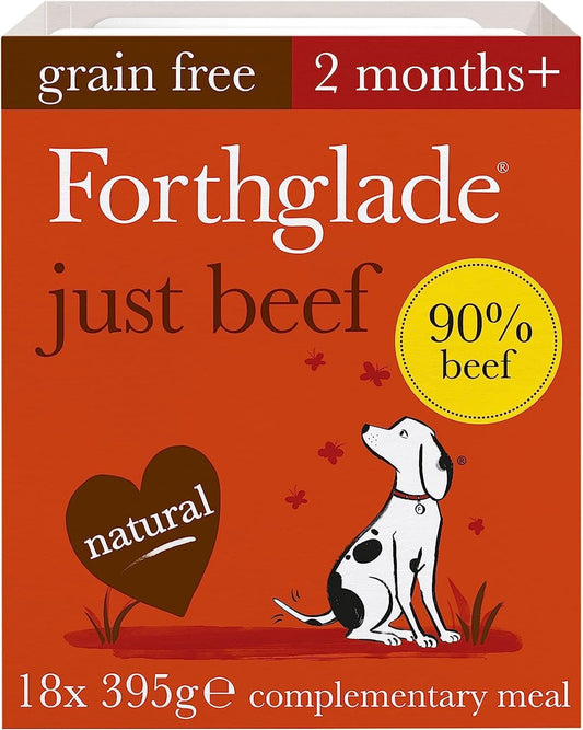 Complementary Wet Dog Food (18 x 395g Trays) - Grain Free & Hypoallergenic Dog Food, Just 90% Beef, Stomach Sensitive Meals with Natural Ingredients
