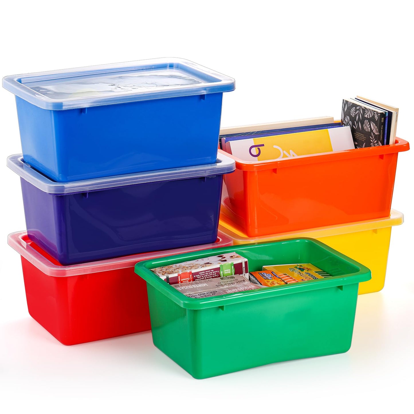 Nicunom 6 Pack Small Cubby Bins Storage Bins with Lids, Plastic Storage Bins Colorful Storage Containers
