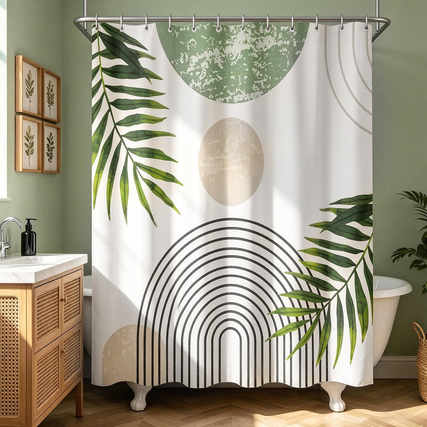 Lerores Shower Curtain, 160 x 160 cm, Green Leaves Line, Weighted Hem, Anti-Mould Textile, Water-Repellent
