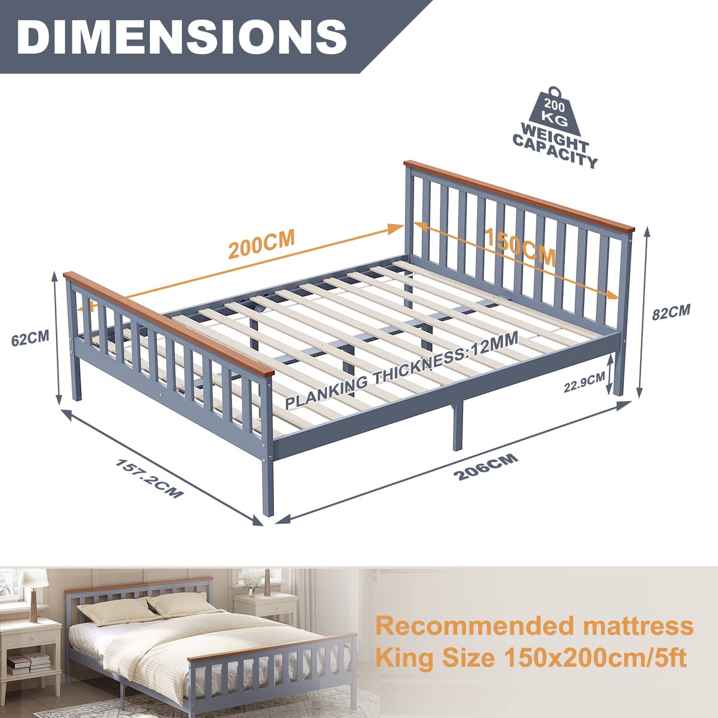 ELEGANT King Solid Wood Bed Frame with Slatted Headboard 5ft, 150x200cm