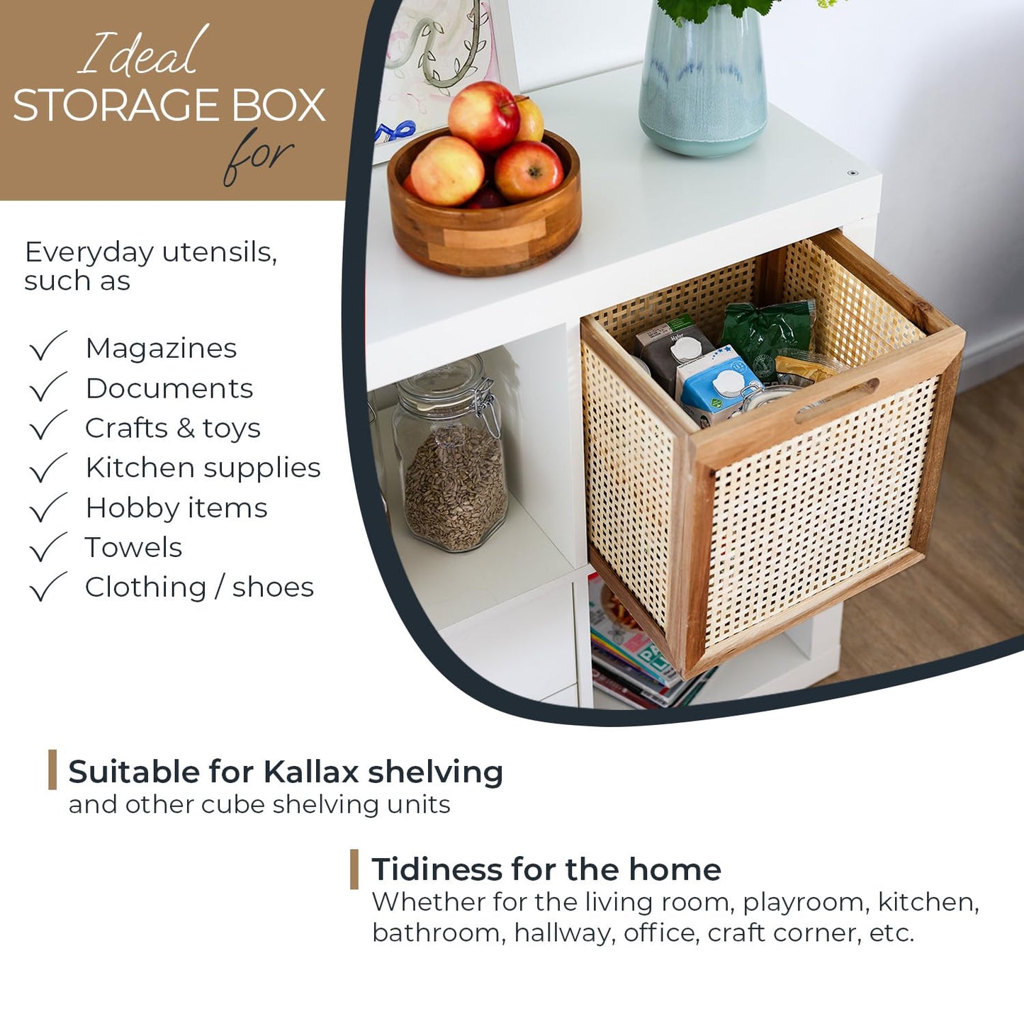 HMF Storage basket suitable for Kallax shelves, basket made of rattan with Viennese wicker and acacia wood, pattern 3, 32 x 34 x 32 cm