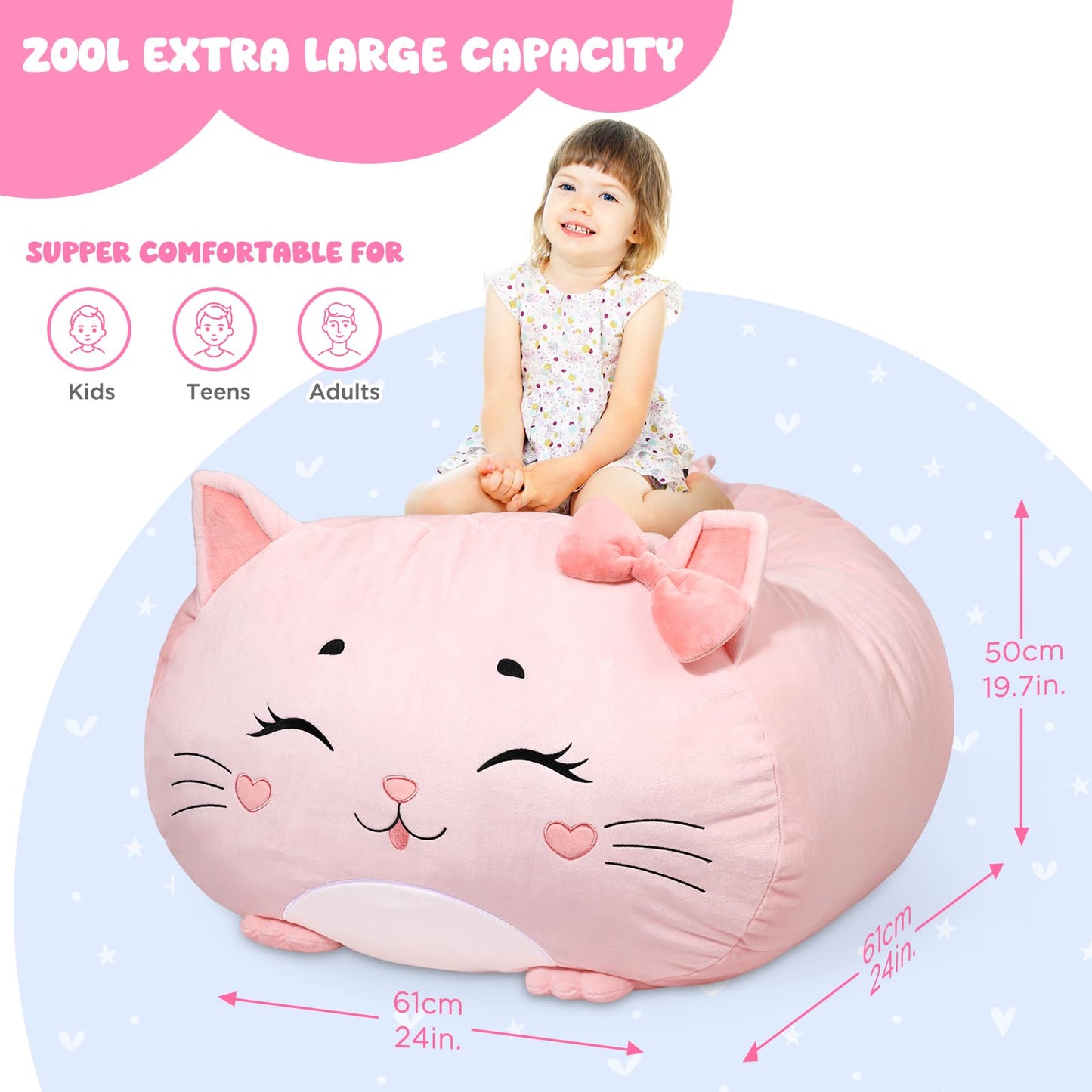 GAGAKU Cuddly Toy Bean Bag Storage Cover 200 L, XXL Toy Storage Bag for Children's Room Large Fillable Zip Bean Bag for Organising (Citty)