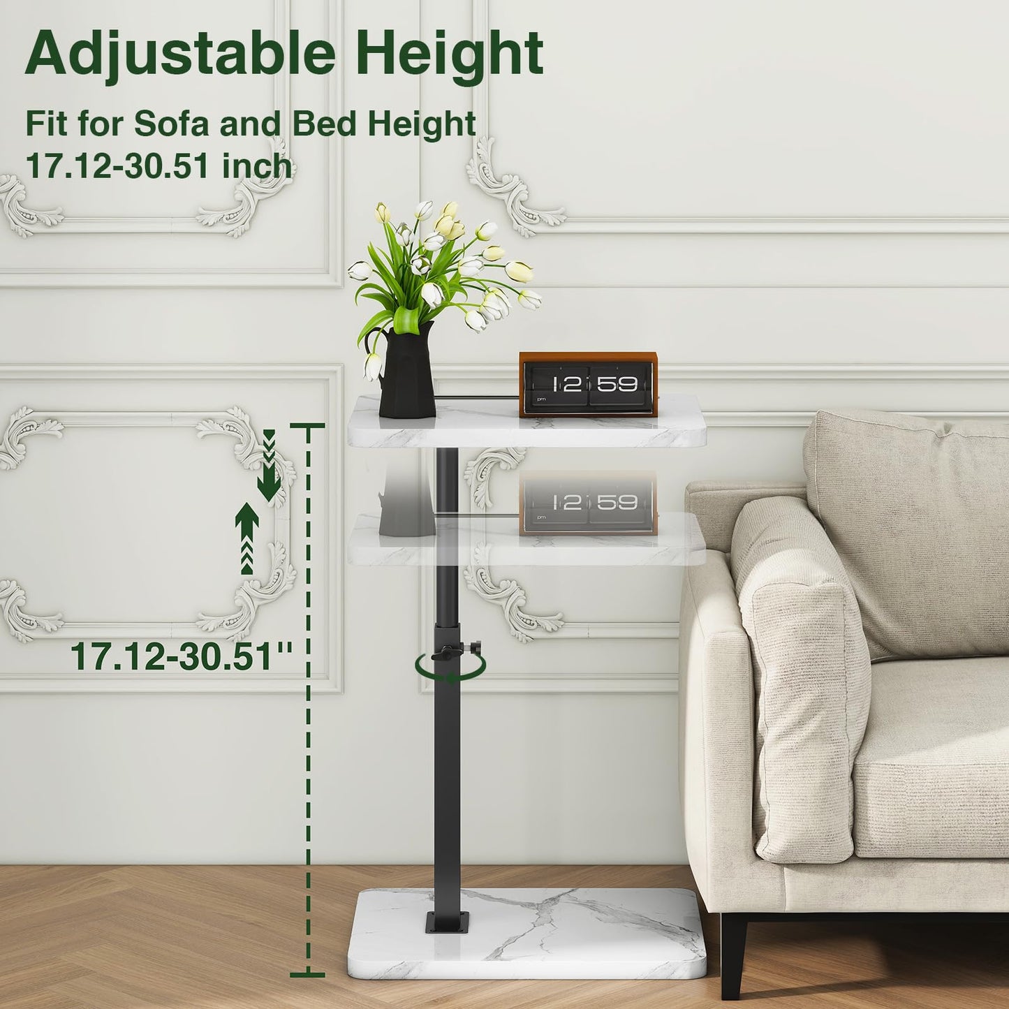 IBUYKE C Shaped Side Table,Height Adjustable,White with Black TVT003BW
