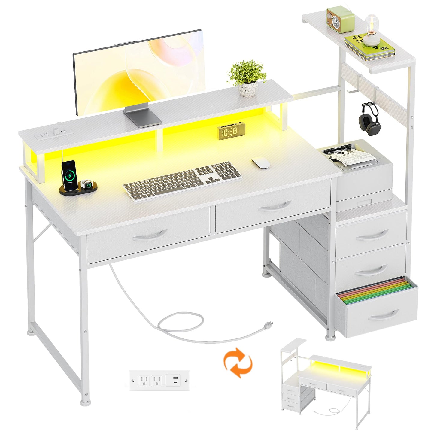 WEMANER 120cm Computer Desk with 5 Fabric Drawers, Reversible Home Office Desk with Printer Cabinet, Writing Desk with Monitor Stand & Power Outlets