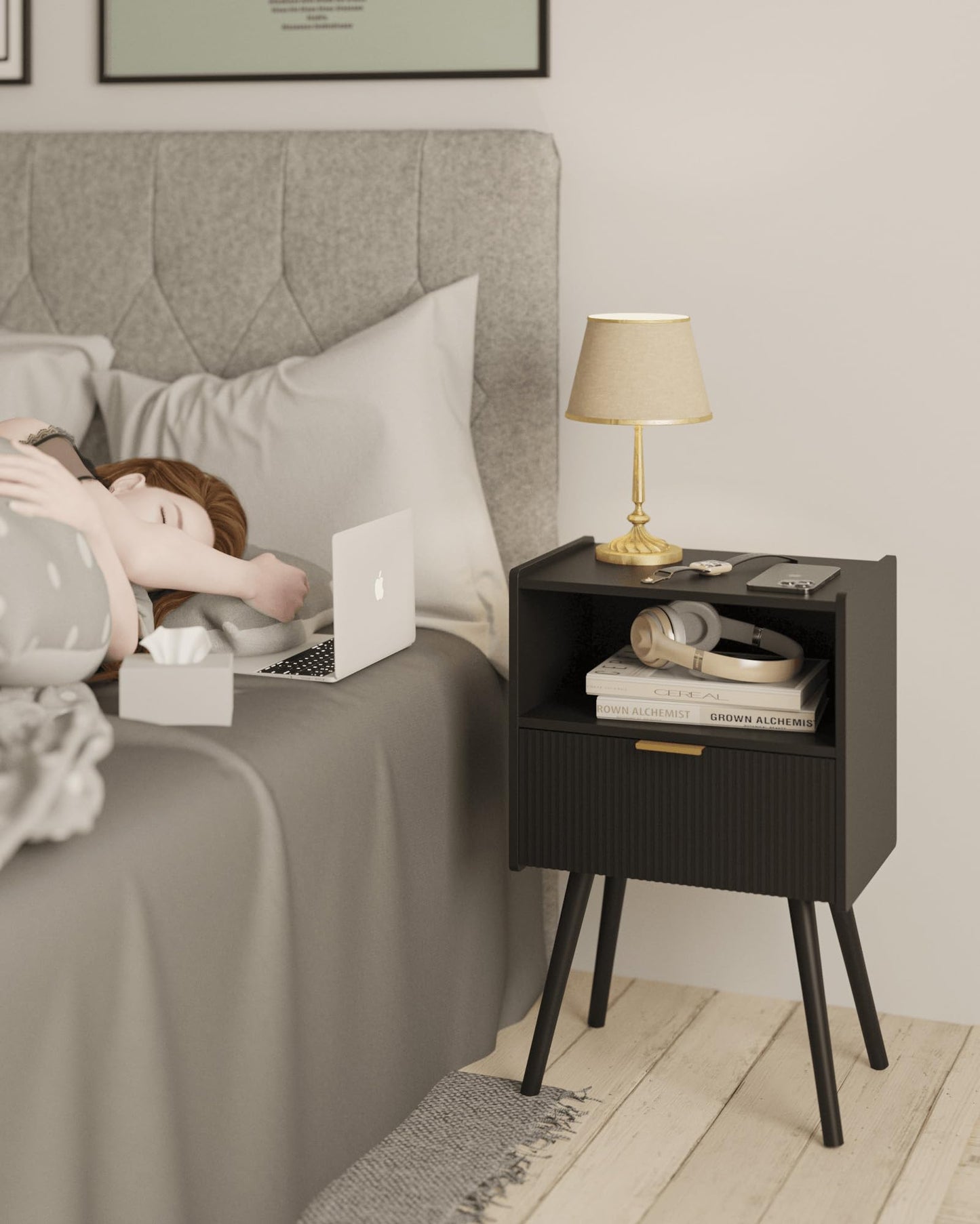 JERX Modern Bedside Table with Storage Drawer and Open Wood Shelf Nightstand for Living Room, Bedroom and Small Spaces