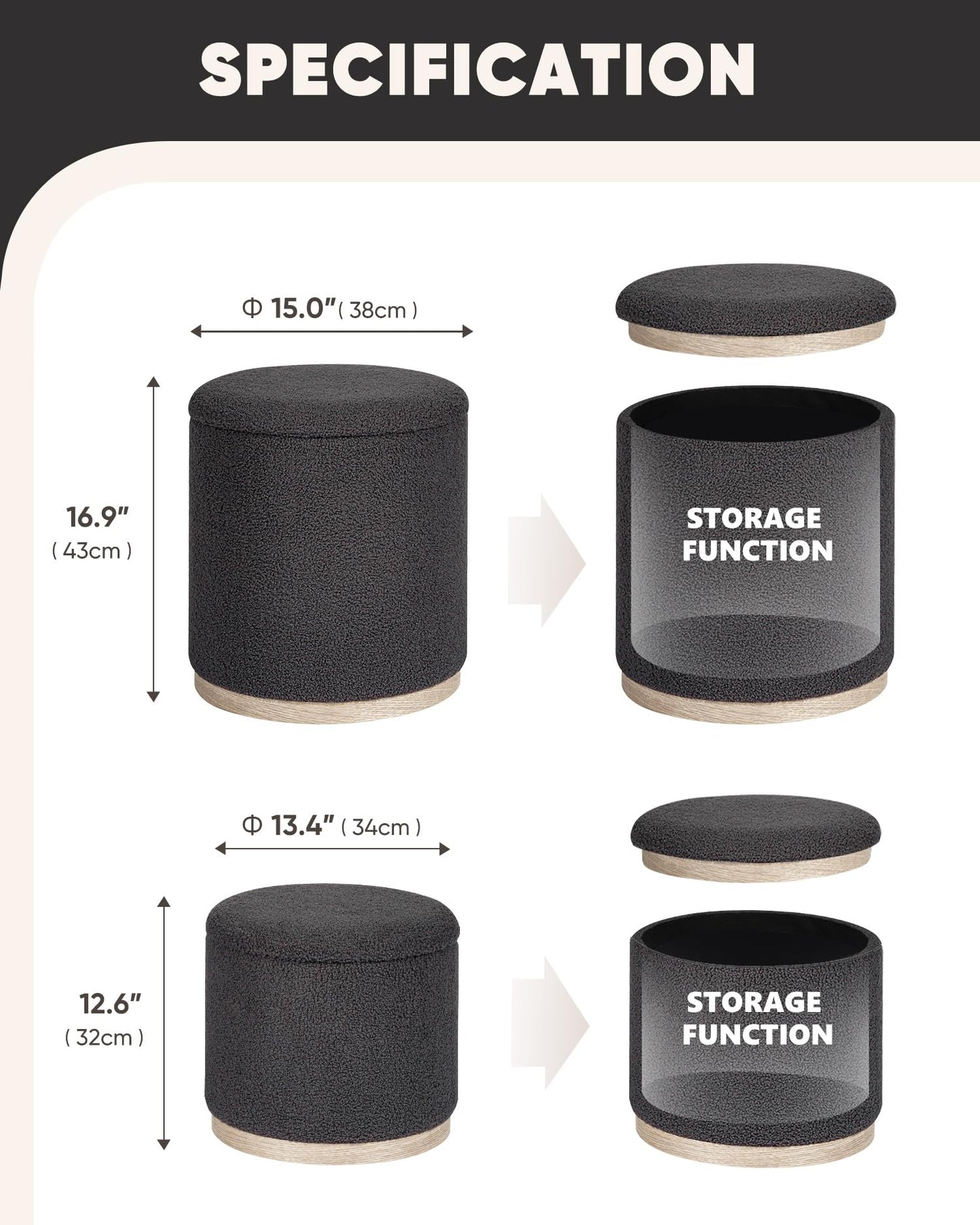 Bonlife Set of 2 Round Ottoman with Tray, Vanity Stool with Storage
