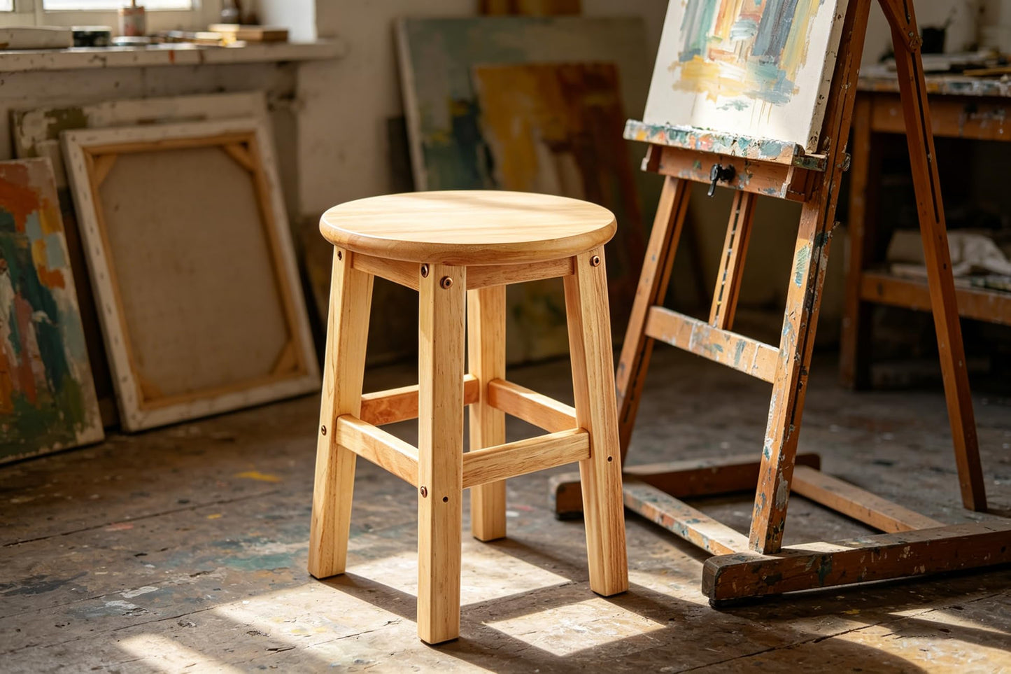 ASelected Solid Wooden Stool - Round, 45cm, for Kitchen, Bedroom, Living Room, Entryway