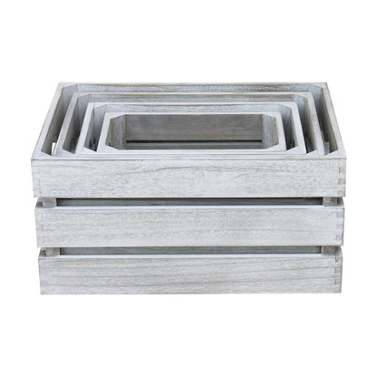 Hodge and Hodge Vintage Wooden Crate Set of 4 Slatted Fruit Boxes with Handles Natural Whitewash Finish